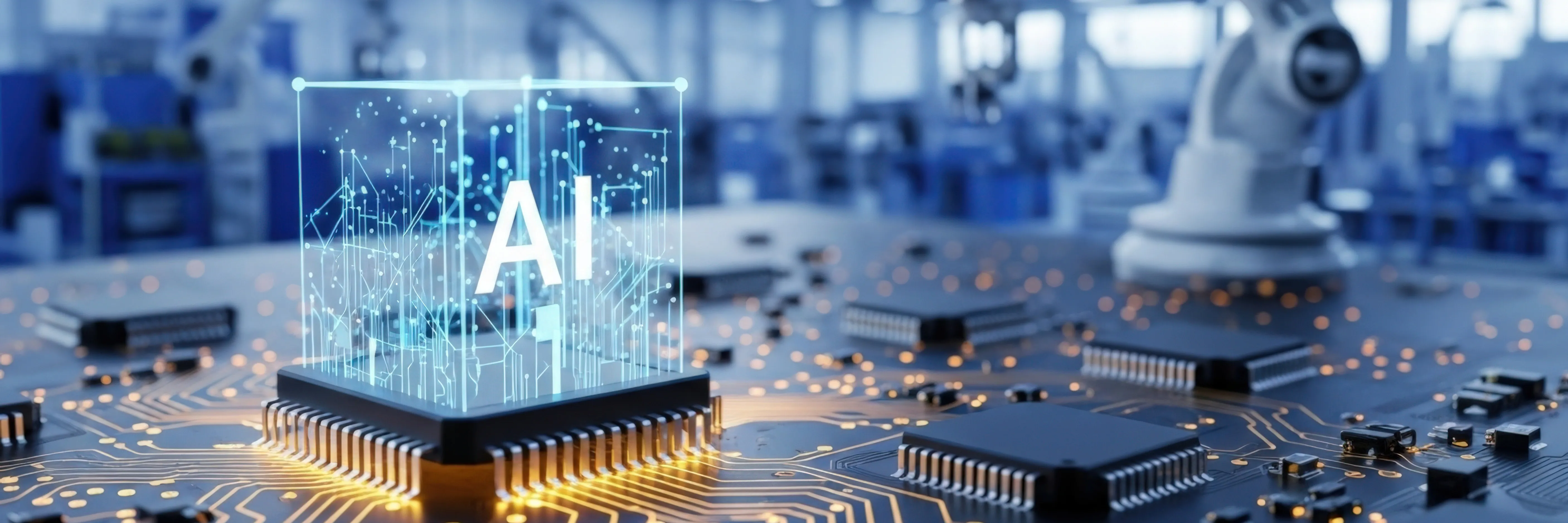 AI artificial intelligence technology concept. Machine learning, deep learning, industry 4.0 automation. Robotic arm in factory, CPU chip on circuit board. Future of manufacturing innovation. iTAC.CATi – The AI Knowledge Platform for Smart Manufacturing